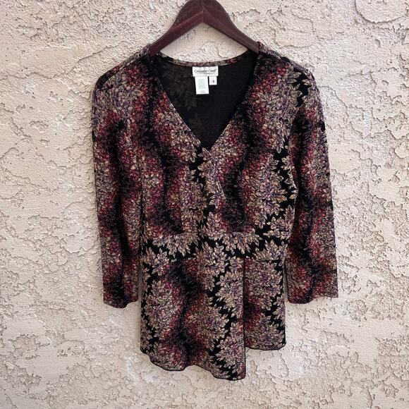 Coldwater Creek Stretch Textured Overlap Waist Top Black Floral Size Small - Picture 1 of 5